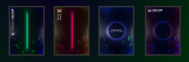 Set of Abstract Neon Glow Posters. Aesthetic gradient light lines and round frames on dark gradient background with 3d spheres. Editable Vector Templates.