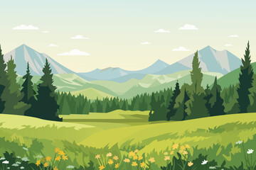 Wall Mural - Beautiful landscape. A magnificent forest glade of flowers with stunning mountains in the background. 