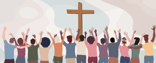 Wall Mural - Group of Christians seen from behind with hands raised towards the crucifix praying or singing.Christianity in the world.Christian worship.Concept of faith and hope in Jesus Christ