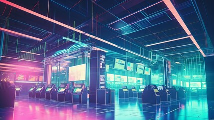 Poster - Business trader firm. Smart computer system display room interior background. Generative AI technology