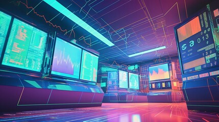 Poster - Futuristic trader computer system display room interior background. Generative AI technology