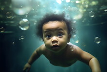 Cute Poc Baby Swimming Underwater Through Bubbles, Made With Generative Ai