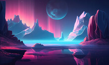 Abstract Panoramic Background. Seascape With Moon Cyberpunk Style. High Quality Photo