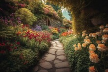 A Pathway In Butchart Gardens Adorned With A Colorful Array Of Blooming Flowers During The Spring Season. Generative AI