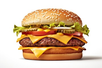 Wall Mural - Grilled Hamburger on White Background. Isolated Beef Burger Meal Fast Food