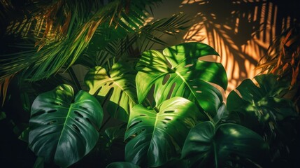 Wall Mural - Closeup nature view of tropical green monstera leaf and palms background. Flat lay, fresh wallpaper banner concept.
