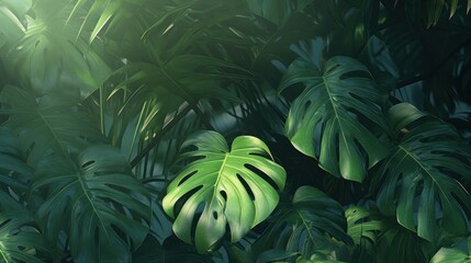 Wall Mural - Closeup nature view of tropical green monstera leaf and palms background. Flat lay, fresh wallpaper banner concept.