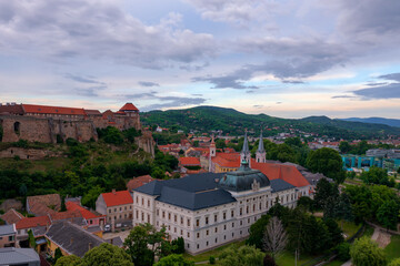 Wall Mural - Aerial skyline view about the Castle of Esztergom with cloudy sunset at the background