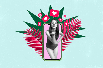 Poster - Creative collage of mini black white effect girl smart phone screen hand send air kiss like notification exotic plane leaves