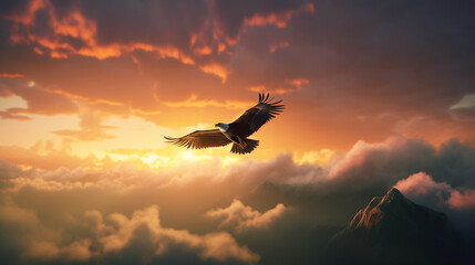 Canvas Print - Flying eagle on beautiful sunset sky background - Bird of prey. Generative ai