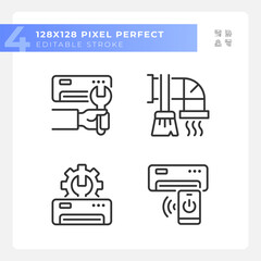 Poster - Ac maintenance linear icons set. Air conditioner repair. Hvac service. Heating system. Home appliance. Customizable thin line symbols. Isolated vector outline illustrations. Editable stroke