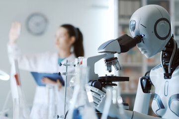 Wall Mural - scientist and robot working together in the lab