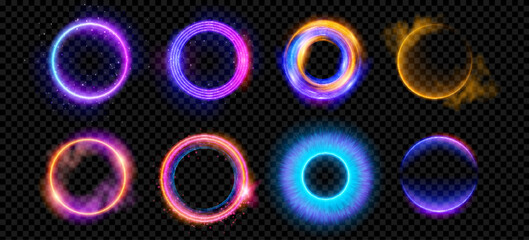 Poster - optical halo flares with neon light vector effect set isolated on transparent background. circle len