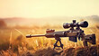 A sniper rifle from a rifle with an optical sight. On the Sunset. Sports shooting and hunting concept, copy space for text