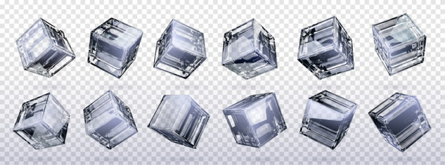 Poster - 3d glass cube box vector isolated on transparent background. Crear black and white realistic geometric block with reflection. Glossy acrylic object design polygon set. Glassy futuristic art icon