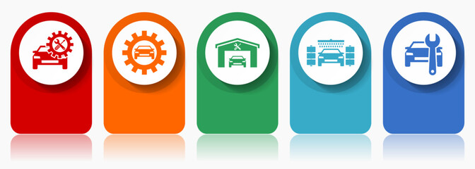 Leinwandbilder - Technology icon set, miscellaneous vector icons such as workshop, car, service and carwash, modern design infographic template, web buttons in 5 color options