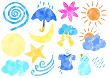 カラフルな天気アイコンの晴、曇り、雨、風、台風などの手描きイラスト素材セット