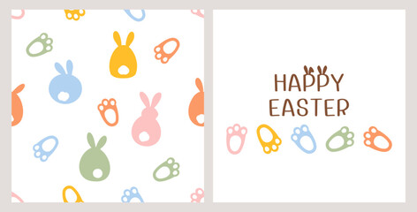 Poster - Happy Easter with seamless pattern of bunny cartoons and rabbit's feet on white background. Hand written fonts and rabbit's feet vector illustration. Cute childish print.