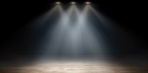 Poster - spotlight empty stage. vintage wooden floor on black background with abstract show scene design gene