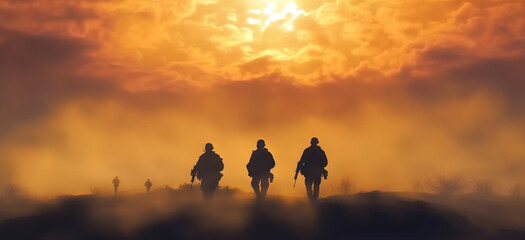 three soldiers walk across a scorched battlefield at sunset. Generative Ai. 