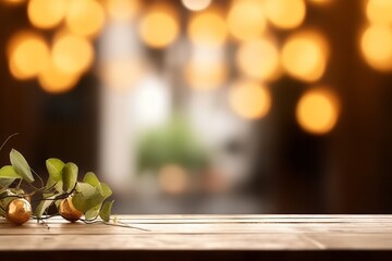 Wooden table with indoor string lights for festive display., Generative AI.