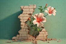 Illustration, Cute Flowers Growing Through A Broken Wall, Ai Generative