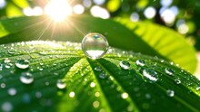 A Beautiful Water Drops Sparkle In Sun On Leaf In Sunlight, Macro. Big Droplet Of Morning Dew Outdoor, Beautiful Round Bokeh. Amazing Artistic Image Of Purity Of Nature,ai Generated.