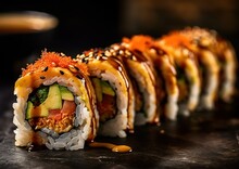 Crunchy Maki O A Sushi Plate In Restaurant. Generative AI Image.