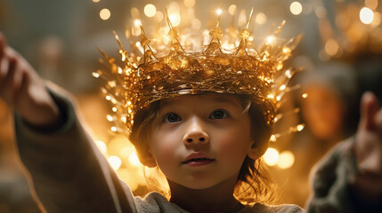 Canvas Print - Portrait of a royal child of God. Child with glowing magical crown. Christian illustration.