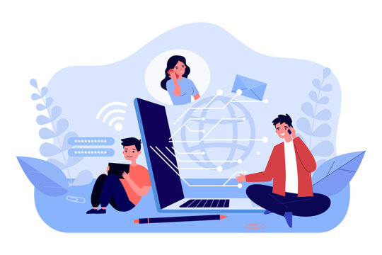Family using devices for communication vector illustration. Huge laptop with circuit, father calling mother via phone, son connecting to Wi-Fi on tablet. Family, technology, communication concept