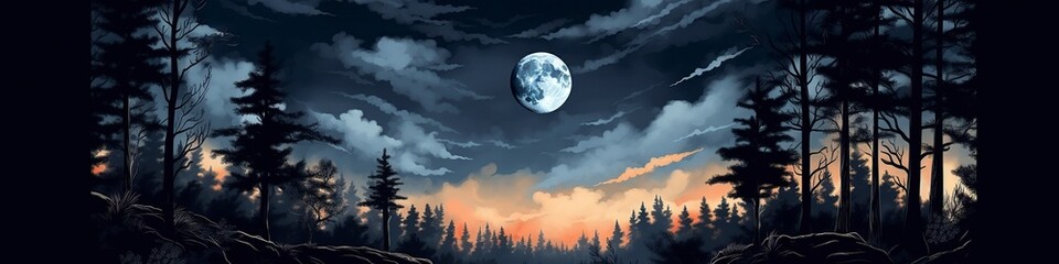 Wall Mural - illustration,a night scene with a full moon and trees, website header, ai generative.