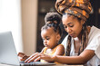 A young African mother is working on a laptop at home, her little daughter is playing next to her. The concept of a working mom on maternity leave, a woman works online. AI Generative 