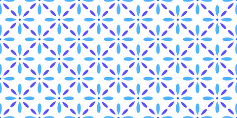 Poster - Blue and white flower tile pattern, seamless repeating background, vector pattern