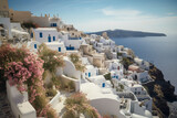 Fototapeta Natura - Aerial view of a greek island with traditional architecture with whute houses and blue roofs. Mediterranean style white elegant houses on the slope with sea view and blooming plants. Generative AI