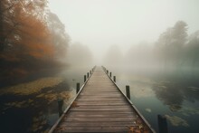 Misty Lake In Autumn, Serene With Wooden Pier. Generative AI