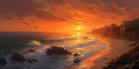 Wall Mural - AI Generated. AI Generative. Sunset seagulls sea ocean beach vacation tropic paradise exotic island trip adventure nautical romantic vibe. Graphic Art