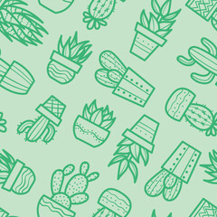 Poster - Seamless cactus vector pattern, green repeating backgorund with hand drawn house plants