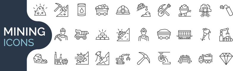 set of outline icons related mining, coal, industry. editable stroke. vector illustration.