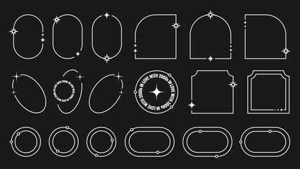 Poster - Set of different frames in y2k style. Graphic white line design elements with frames, stars, text and dots. Old school vector decorations isolated on black background.