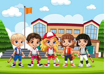 Wall Mural - girls in baseball outfits at school scene