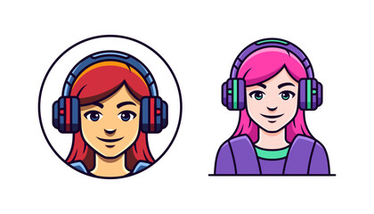 Poster - Gamer female teenager headphones portrait esport digital entertainment circle logo set vector flat
