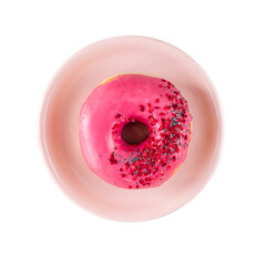 Poster - Donut with raspberry filling on a pink plate on a white background. Isolate.Top view