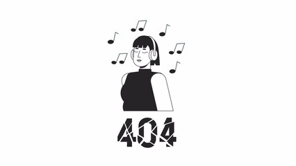 Fototapete - Music lover bw 404 error animation. Headphones girl resting. Empty state 4K video concept footage with alpha channel transparency. Outline monochrome page not found flash message for UI, UX web design