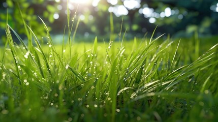 Wall Mural - green grass with dew drops HD 8K wallpaper Stock Photographic Image
