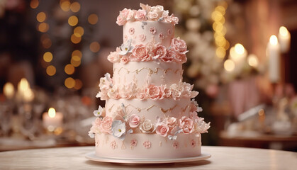 Four-tiered pink and white wedding cake decorated with rose flowers on table on party restaurant background. Wedding baked sweet dessert. Copy space. Banner. Ai generative