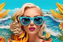 Fashion Girl With Sun Glasses In The Beach. Retro Effect. Generative AI