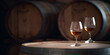 Aged golden fortified wine in the wine glass on background of wooden barrels in cellar of winery. AI generated.