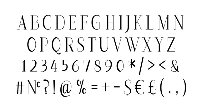 Formal classic alphabet set. Vector decorative typography. Decorative typeset style. Latin script for headers. Trendy letters and numbers for graphic posters, banners, invitations texts