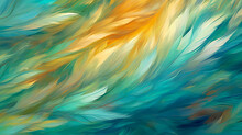 Abstract Background With Feather Pattern, Gradients And Texture, Digital Painting In Blue, Green And Gold Colours. Generative AI
