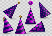 Party Cone Hat Set Isolated On Transparent Background. Birthday Festive Hat Collection In Different Positions, Angles. Vector Fun Decoration. Blue Pink Party Luxury Surprise Costume Icon